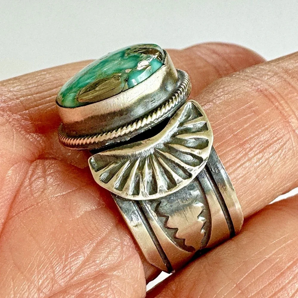 Navajo Turquoise Mens Ring Fox‎ w Pyrite 12 Signed Tillie Jon Sterling Wide Band